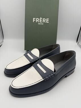 NIB FRERE Leather Two-Tone Penny Loafers Navy White Made in Italy EU 42 US 9